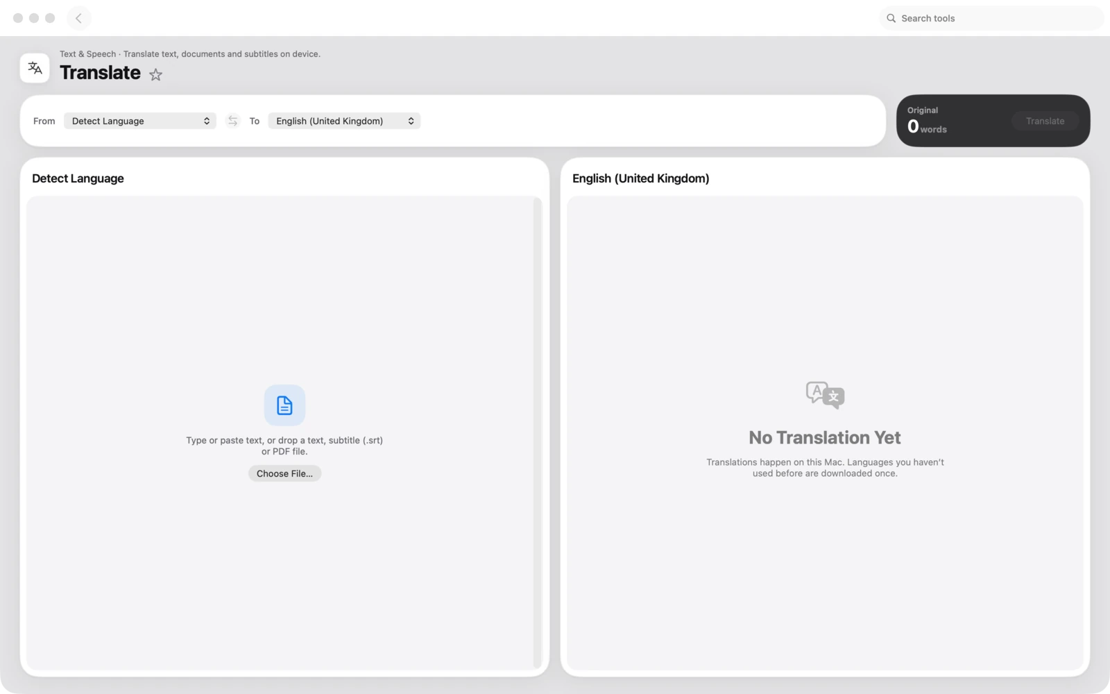 Traducir en Toolbox para Mac: Traduce textos, documentos y subtítulos en el dispositivo, conservando su formato y sus tiempos.