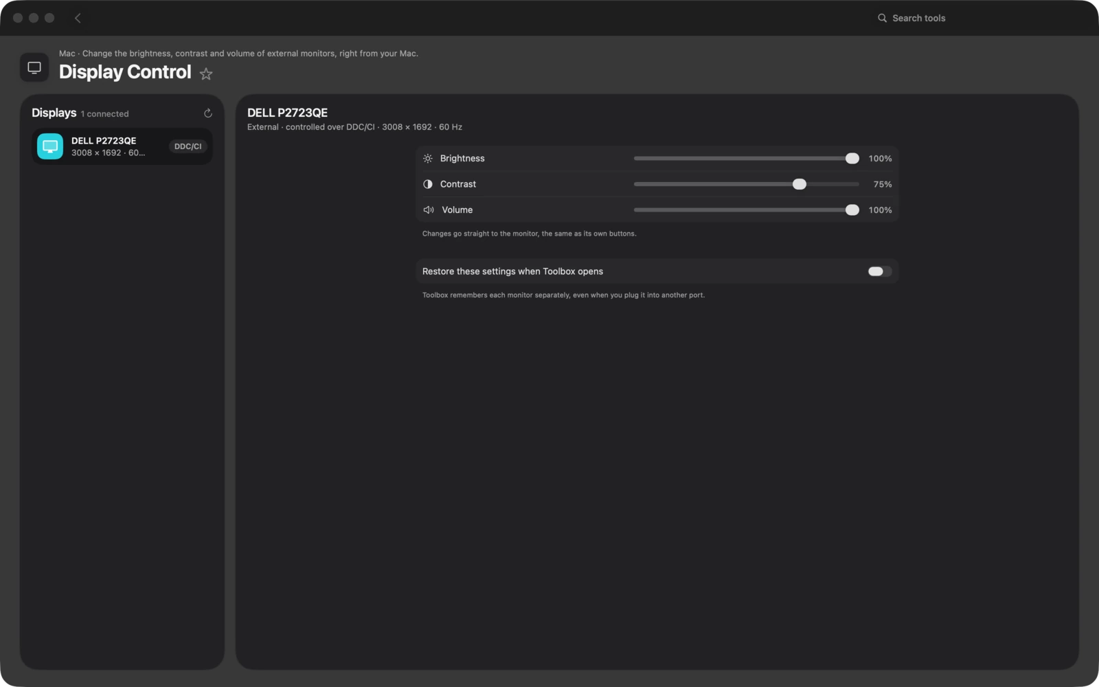 Monitorsteuerung in Toolbox für Mac: Ändere Helligkeit, Kontrast und Lautstärke externer Monitore direkt auf deinem Mac.