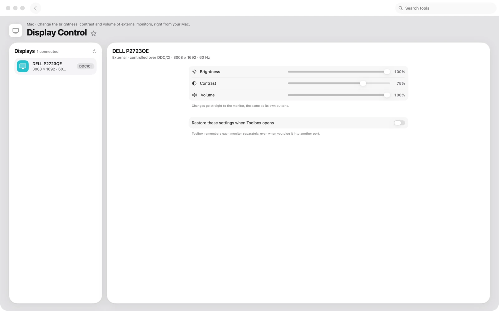 Monitorsteuerung in Toolbox für Mac: Ändere Helligkeit, Kontrast und Lautstärke externer Monitore direkt auf deinem Mac.
