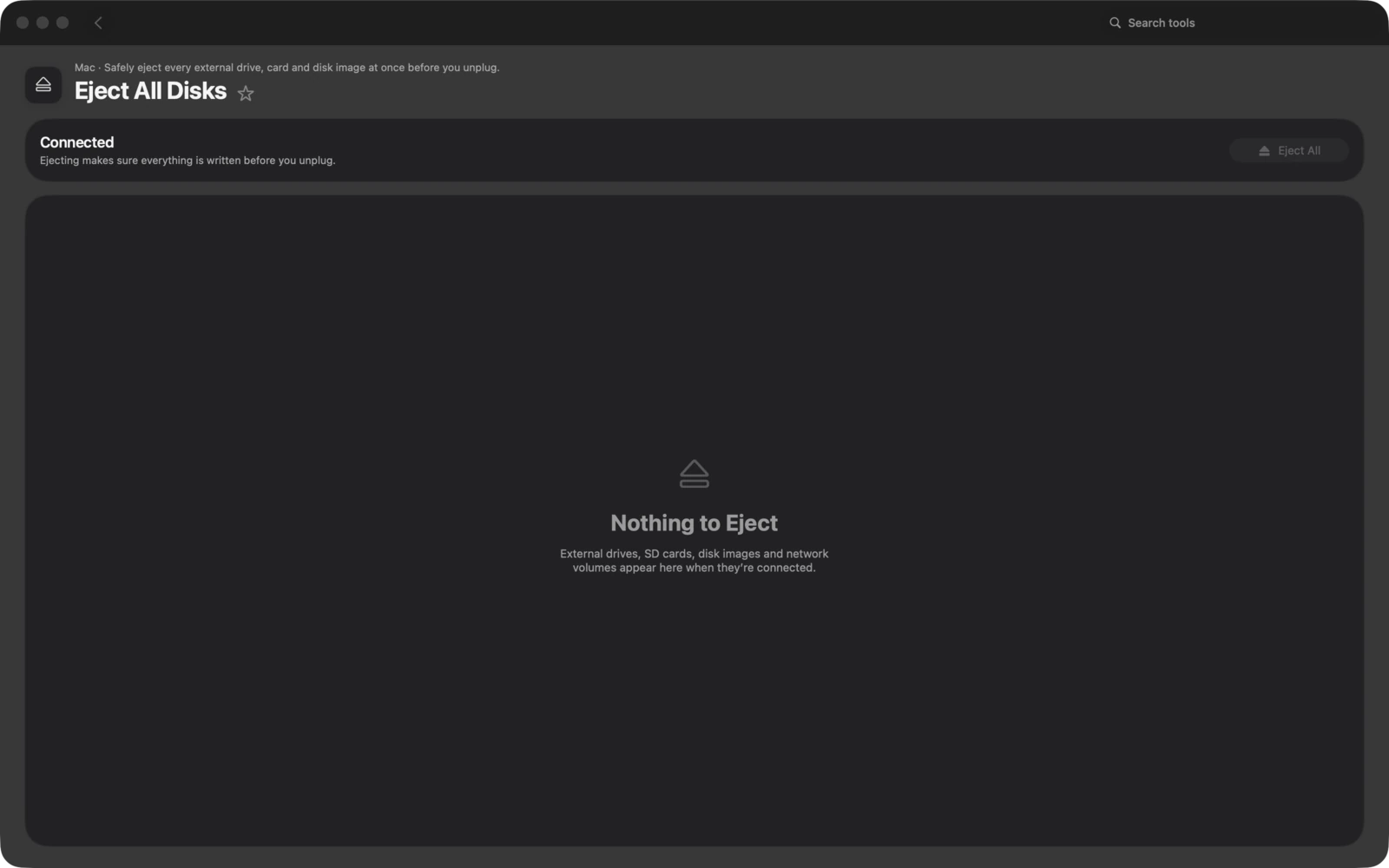 Espelli tutti i dischi in Toolbox per Mac: Espelli in sicurezza tutte le unità esterne, schede e immagini disco insieme prima di scollegarle.