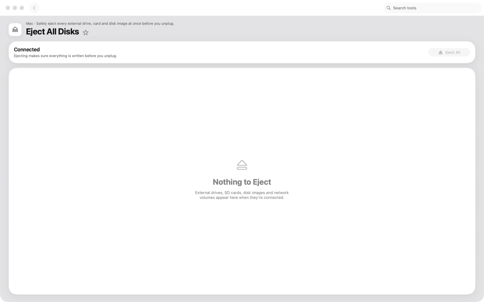 Espelli tutti i dischi in Toolbox per Mac: Espelli in sicurezza tutte le unità esterne, schede e immagini disco insieme prima di scollegarle.