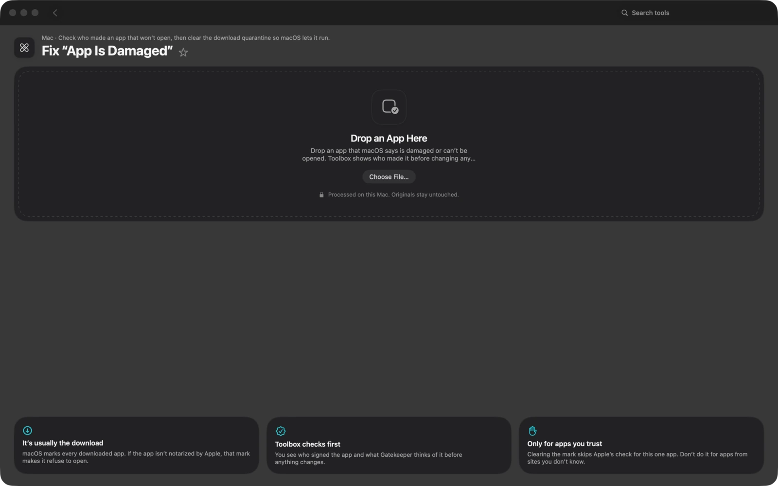 Reparar “La app está dañada” en Toolbox para Mac: Comprueba quién creó una app que no se abre y elimina la cuarentena de descarga para que macOS permita ejecutarla.