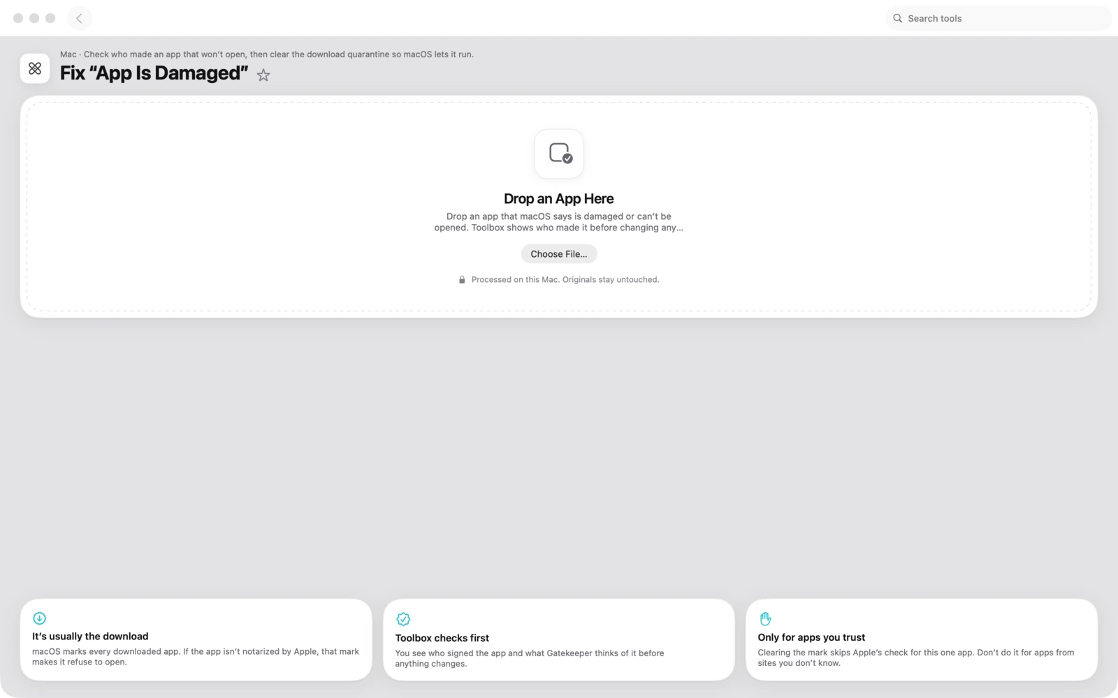 Reparar “La app está dañada” en Toolbox para Mac: Comprueba quién creó una app que no se abre y elimina la cuarentena de descarga para que macOS permita ejecutarla.