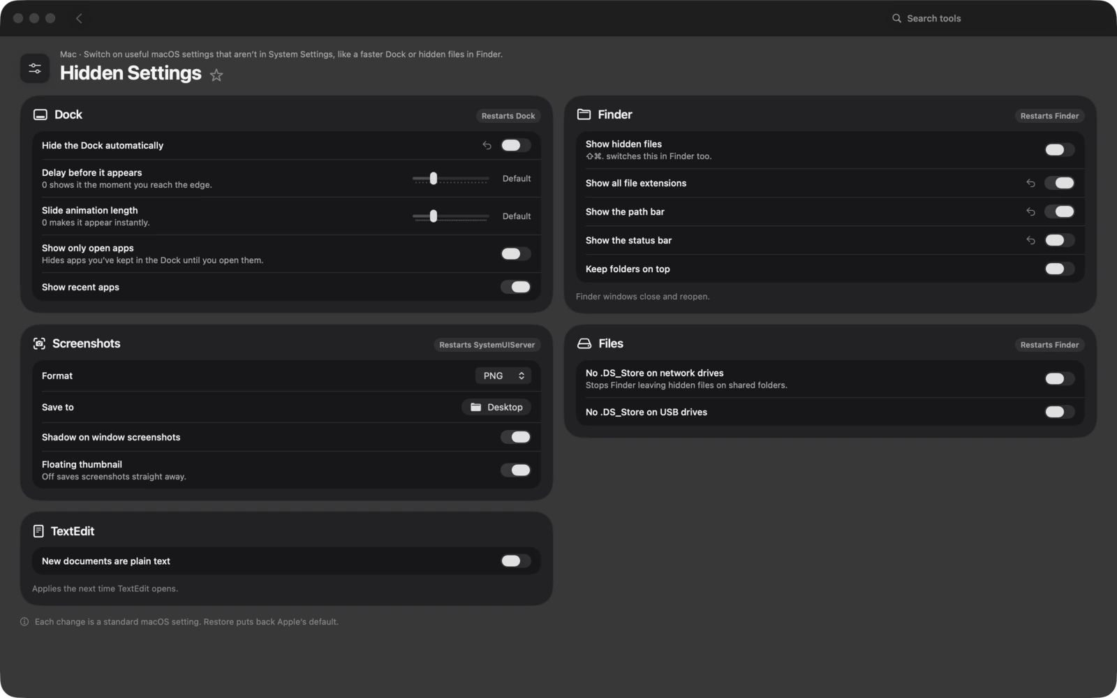 Ajustes ocultos en Toolbox para Mac: Activa ajustes útiles de macOS que no están en Ajustes del Sistema, como un Dock más rápido o los archivos ocultos en el Finder.