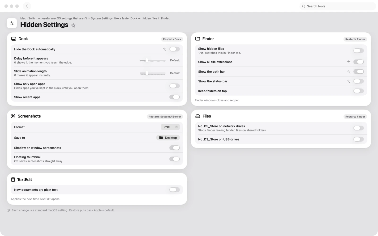 Ajustes ocultos en Toolbox para Mac: Activa ajustes útiles de macOS que no están en Ajustes del Sistema, como un Dock más rápido o los archivos ocultos en el Finder.
