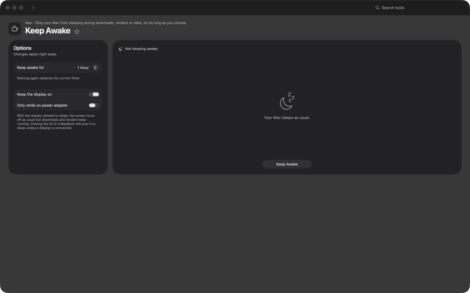 Wach halten in Toolbox für Mac: Verhindere, dass dein Mac bei Downloads, Renderings oder Vorträgen in den Ruhezustand wechselt, so lange du willst.