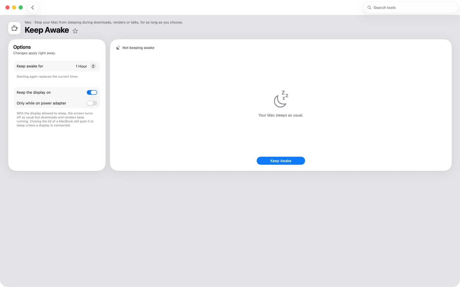 Wach halten in Toolbox für Mac: Verhindere, dass dein Mac bei Downloads, Renderings oder Vorträgen in den Ruhezustand wechselt, so lange du willst.