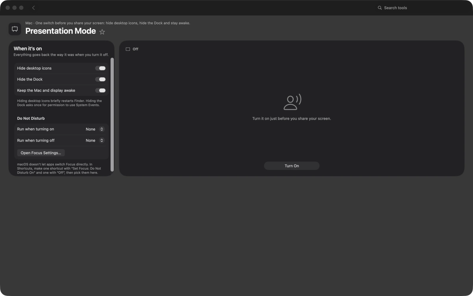 Modo presentación en Toolbox para Mac: Un solo interruptor antes de compartir la pantalla: oculta los iconos del escritorio, oculta el Dock y mantente despierto.