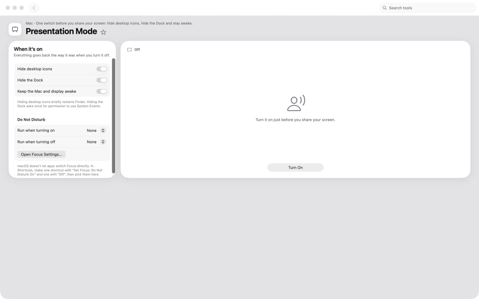 Modo presentación en Toolbox para Mac: Un solo interruptor antes de compartir la pantalla: oculta los iconos del escritorio, oculta el Dock y mantente despierto.