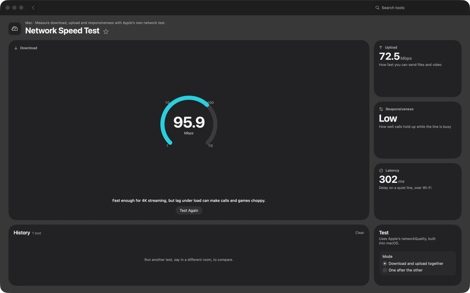 Das Fenster Netzwerk-Geschwindigkeitstest in Toolbox für Mac. Miss Download, Upload und Reaktionsfähigkeit mit Apples eigenem Netzwerktest.