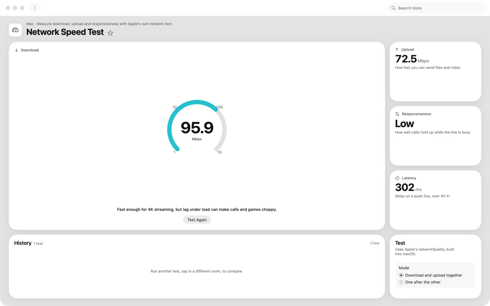 Das Fenster Netzwerk-Geschwindigkeitstest in Toolbox für Mac. Miss Download, Upload und Reaktionsfähigkeit mit Apples eigenem Netzwerktest.