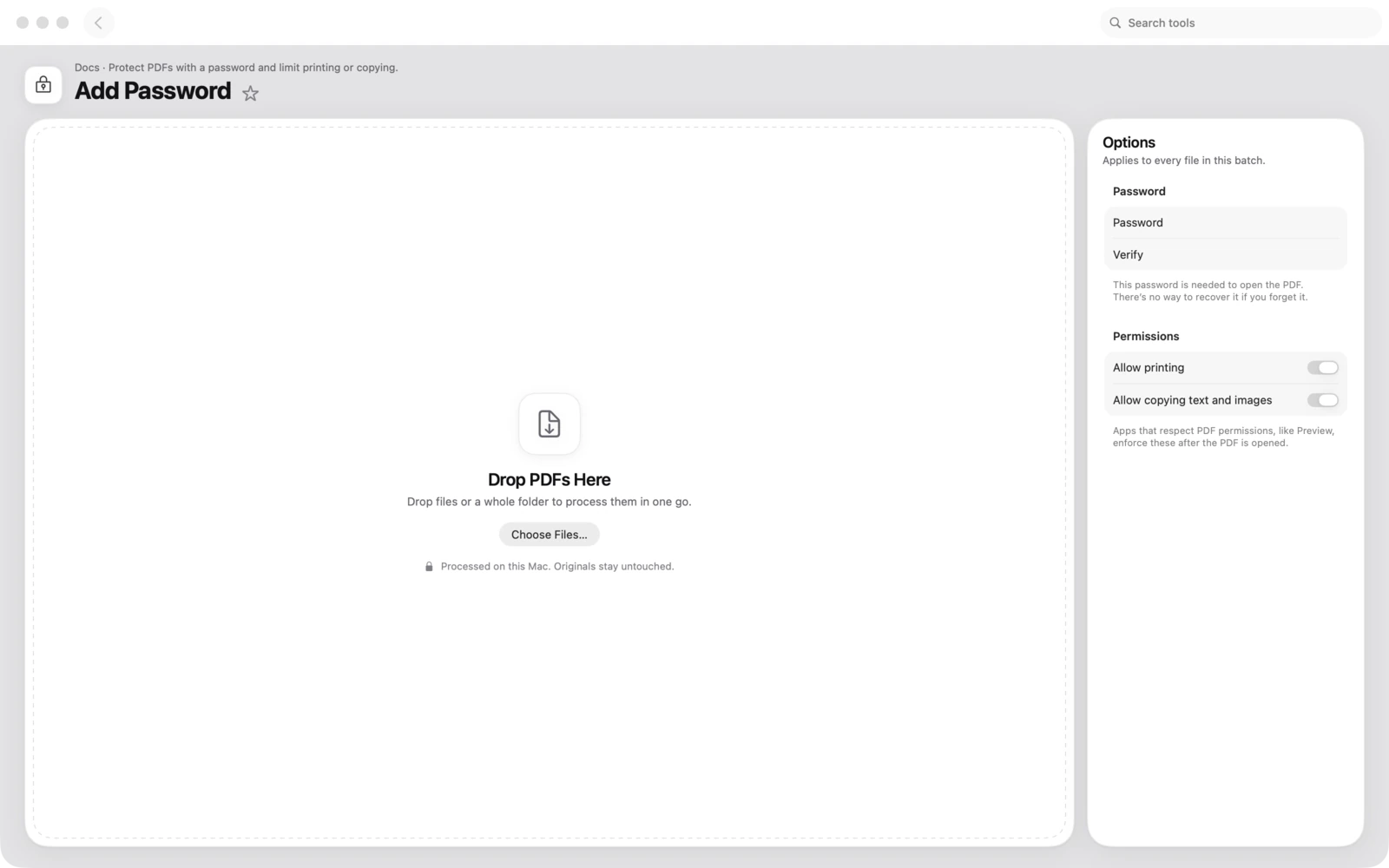 Passwort hinzufügen in Toolbox für Mac: Schütze PDFs mit einem Passwort und beschränke Drucken oder Kopieren.