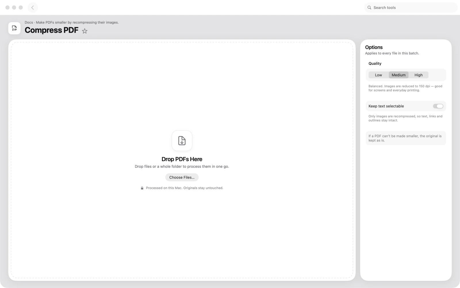 PDF komprimieren in Toolbox für Mac: Verkleinere PDFs durch erneutes Komprimieren ihrer Bilder.
