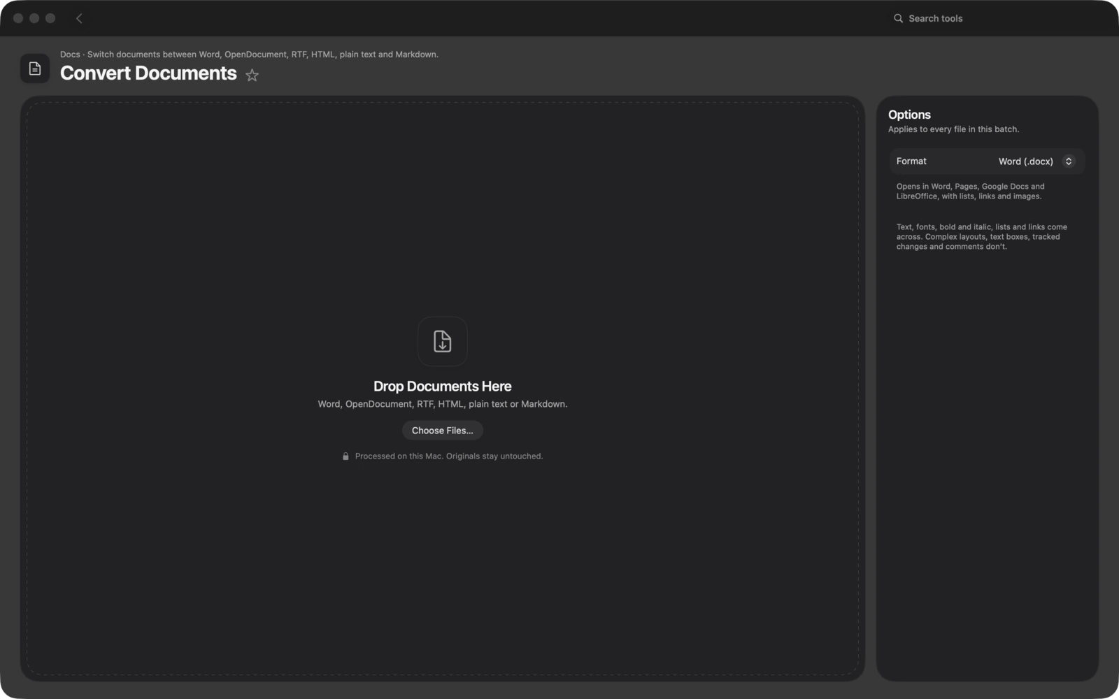 Converti documenti in Toolbox per Mac: Converti documenti tra Word, OpenDocument, RTF, HTML, testo semplice e Markdown.