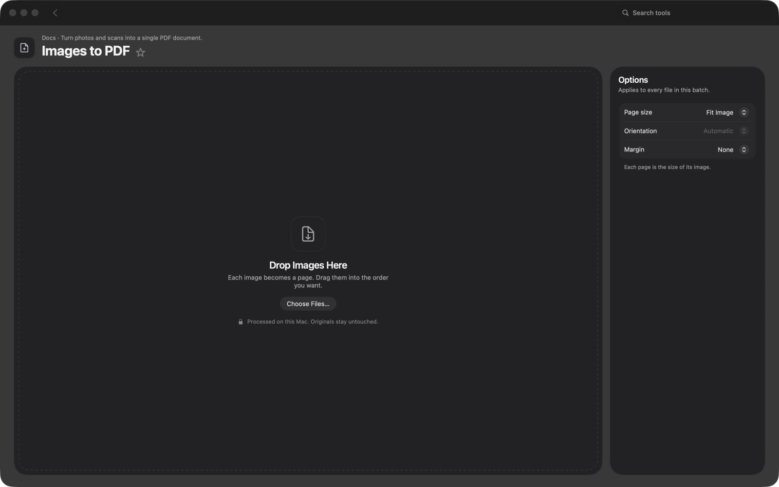 Imágenes a PDF en Toolbox para Mac: Convierte fotos y escaneos en un solo documento PDF.