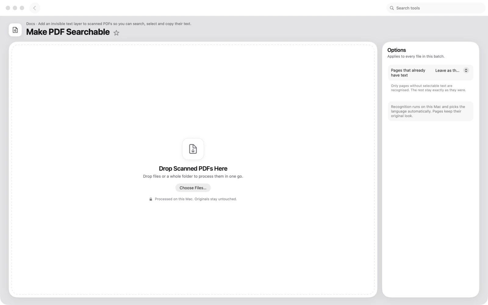 Rendre un PDF consultable dans Toolbox pour Mac : Ajoutez une couche de texte invisible aux PDF numérisés pour pouvoir rechercher, sélectionner et copier leur texte.