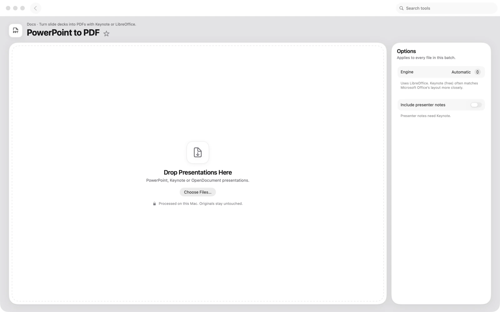 Da PowerPoint a PDF in Toolbox per Mac: Trasforma presentazioni in PDF con Keynote o LibreOffice.