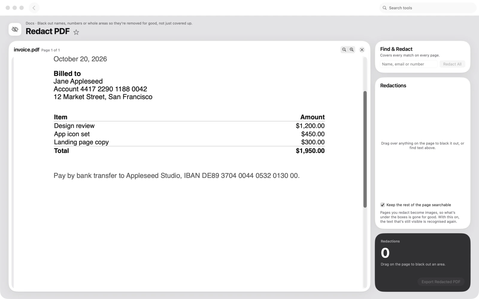 Das Fenster PDF schwärzen in Toolbox für Mac. Schwärze Namen, Nummern oder ganze Bereiche, damit sie dauerhaft entfernt und nicht nur verdeckt werden.