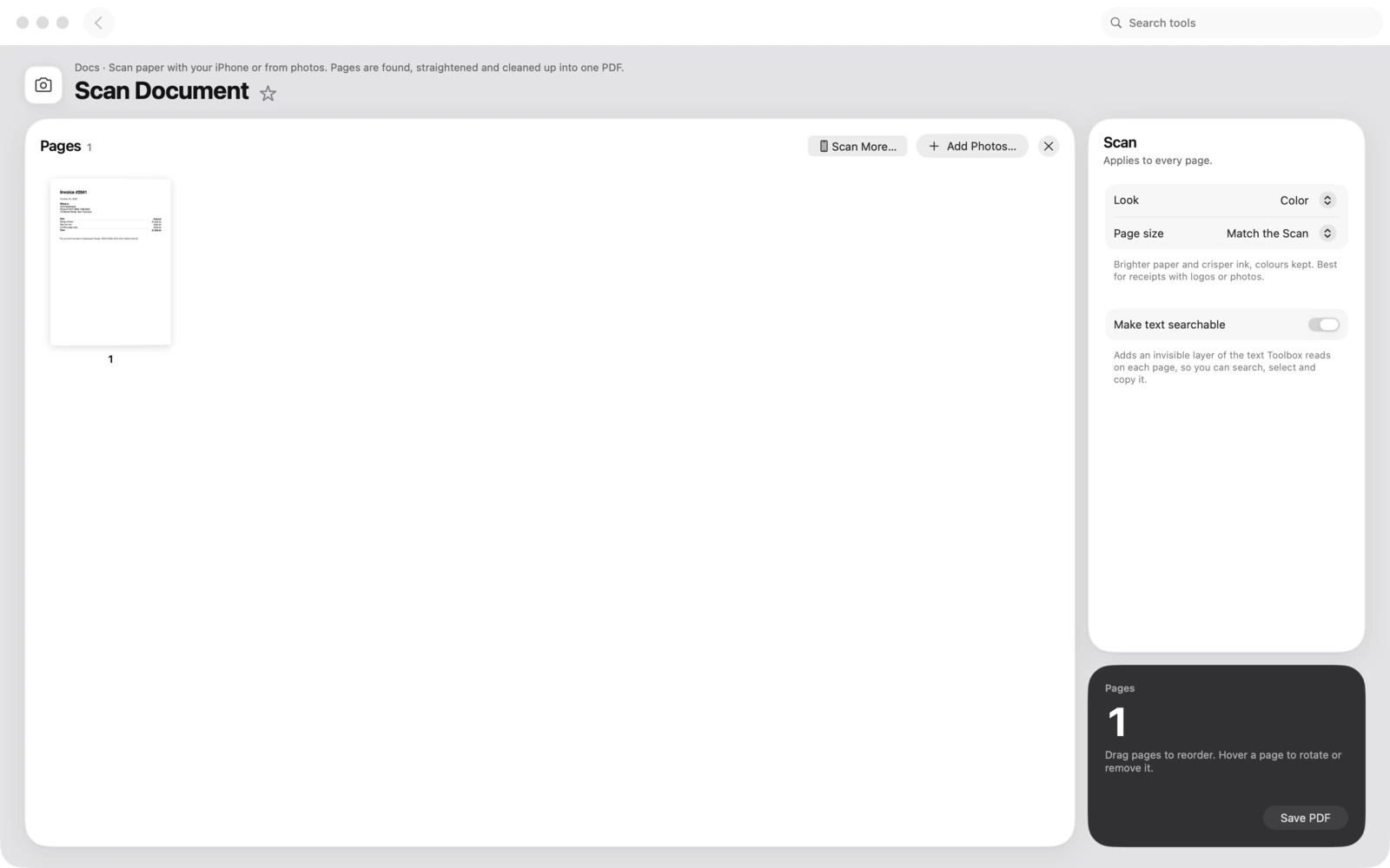 Dokument scannen in Toolbox für Mac: Scanne Papier mit deinem iPhone oder aus Fotos. Seiten werden erkannt, gerade ausgerichtet und zu einem PDF bereinigt.
