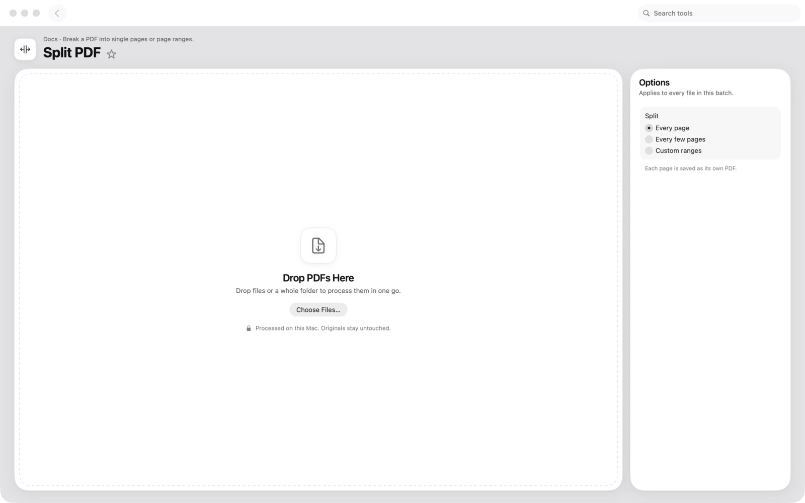 PDF teilen in Toolbox für Mac: Teile ein PDF in einzelne Seiten oder Seitenbereiche auf.