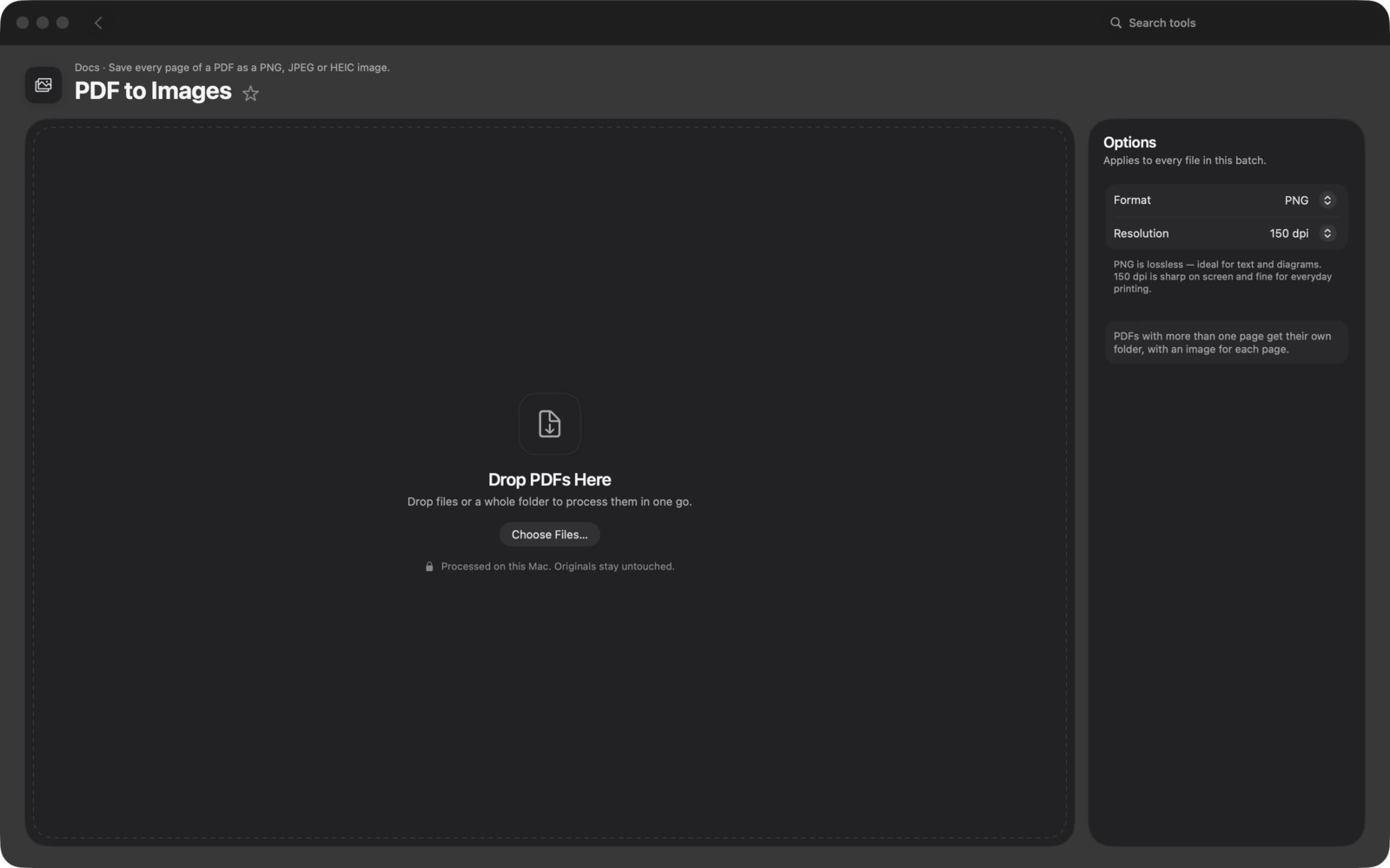 PDF a imágenes en Toolbox para Mac: Guarda cada página de un PDF como imagen PNG, JPEG o HEIC.