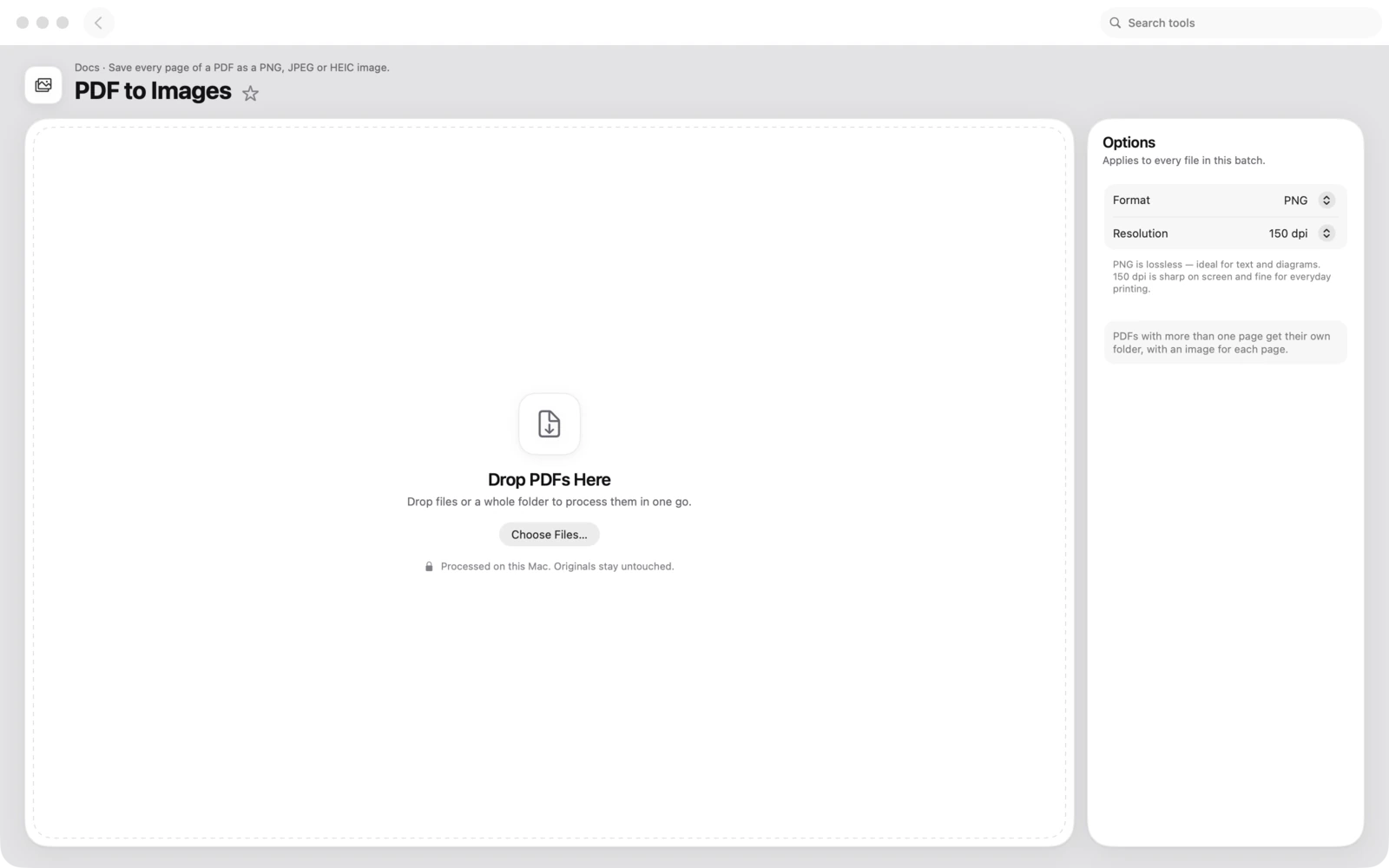 PDF a imágenes en Toolbox para Mac: Guarda cada página de un PDF como imagen PNG, JPEG o HEIC.