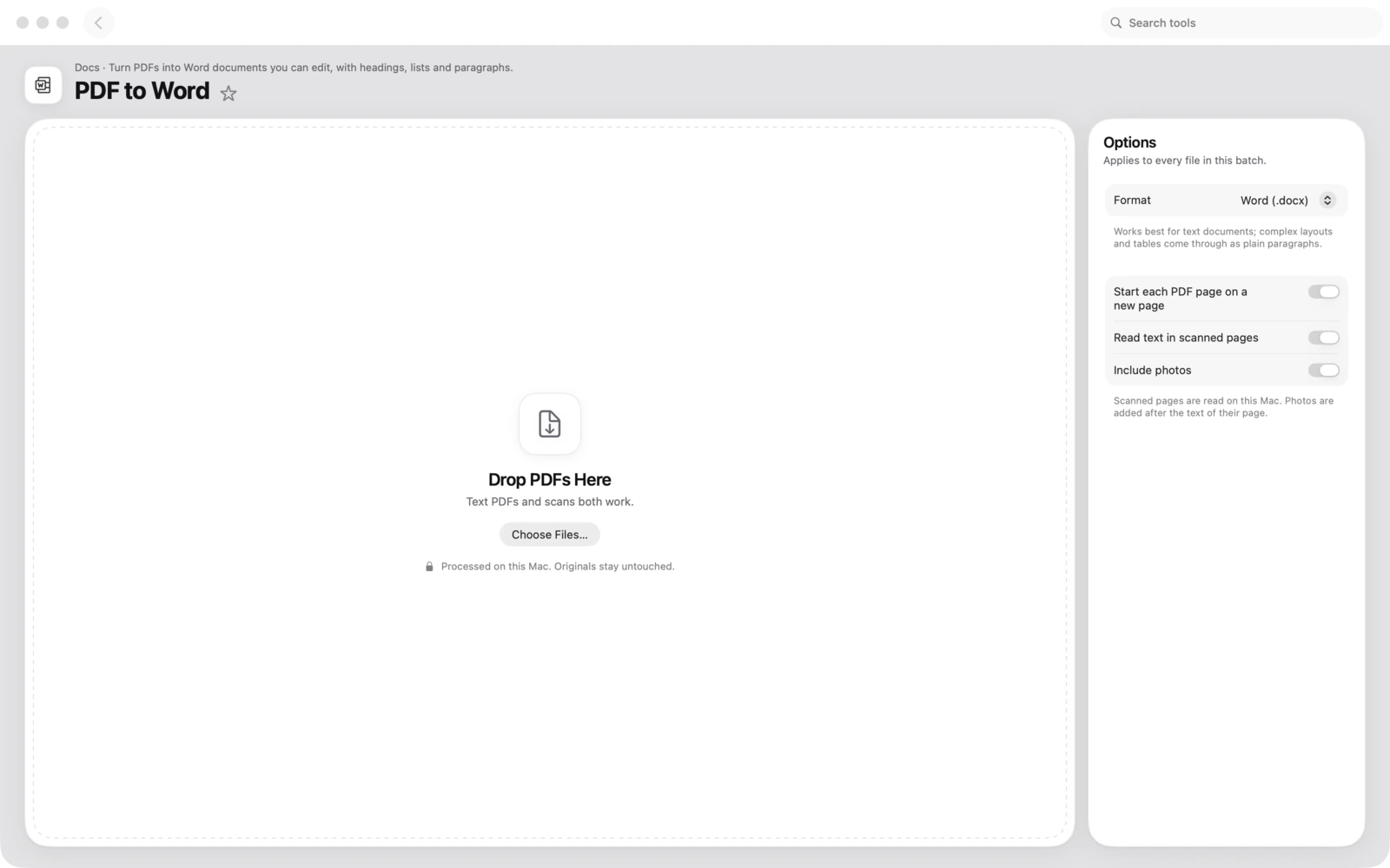 PDF en Word dans Toolbox pour Mac : Transformez des PDF en documents Word modifiables, avec titres, listes et paragraphes.