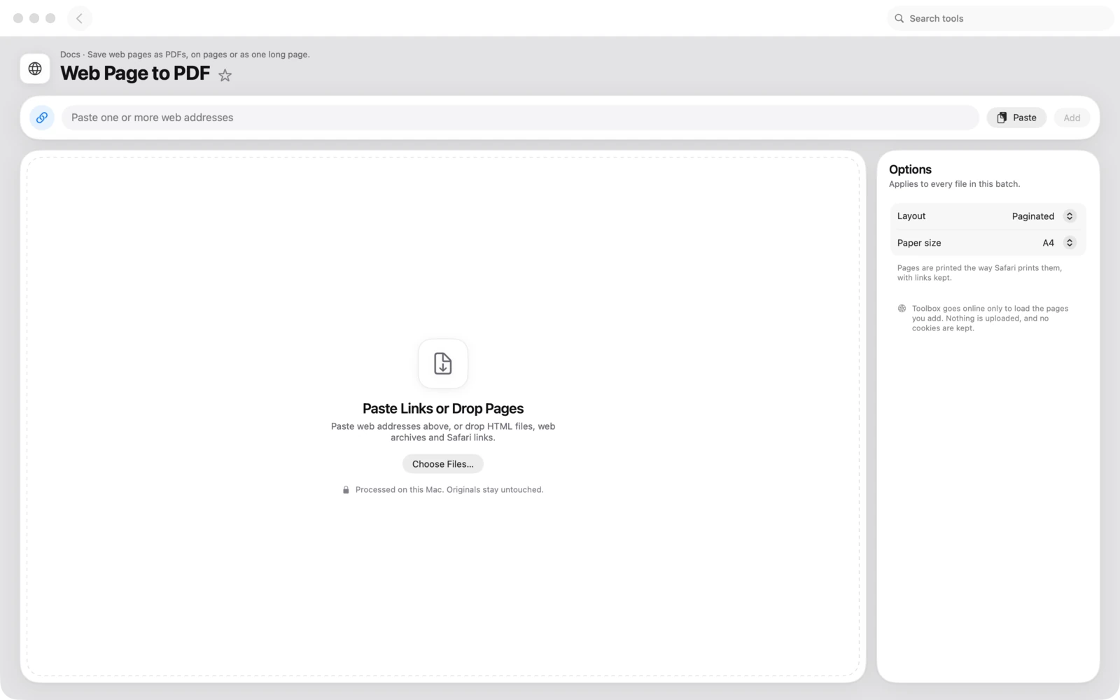 Page web en PDF dans Toolbox pour Mac : Enregistrez des pages web en PDF, paginées ou sur une seule longue page.