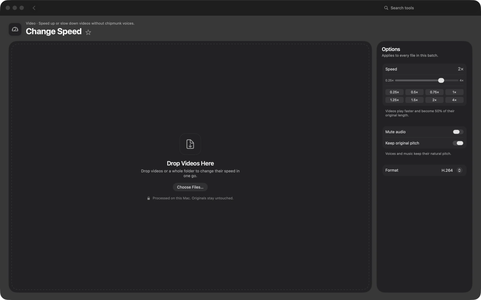 Cambiar velocidad en Toolbox para Mac: Acelera o ralentiza vídeos sin voces de ardilla.