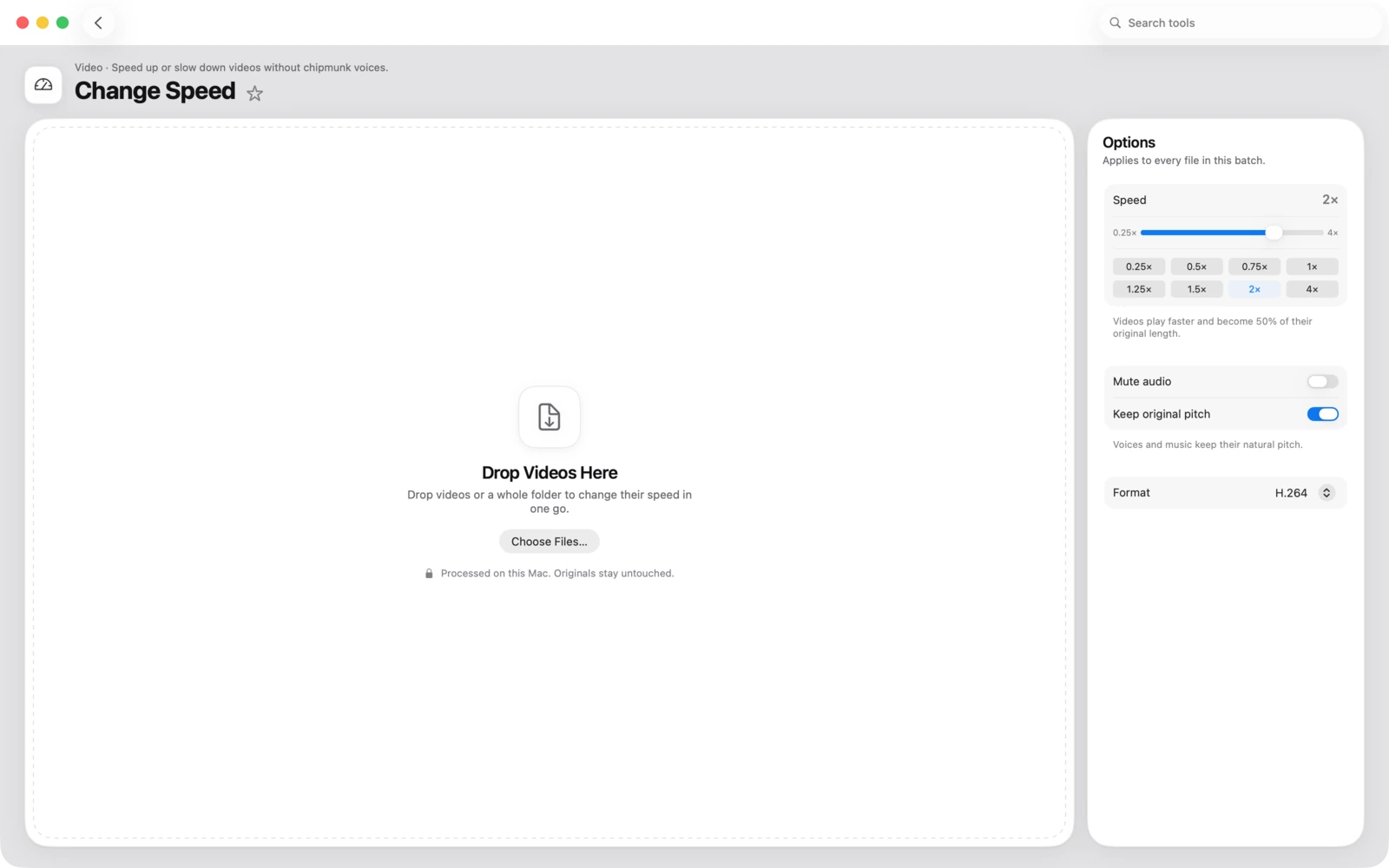 Cambiar velocidad en Toolbox para Mac: Acelera o ralentiza vídeos sin voces de ardilla.