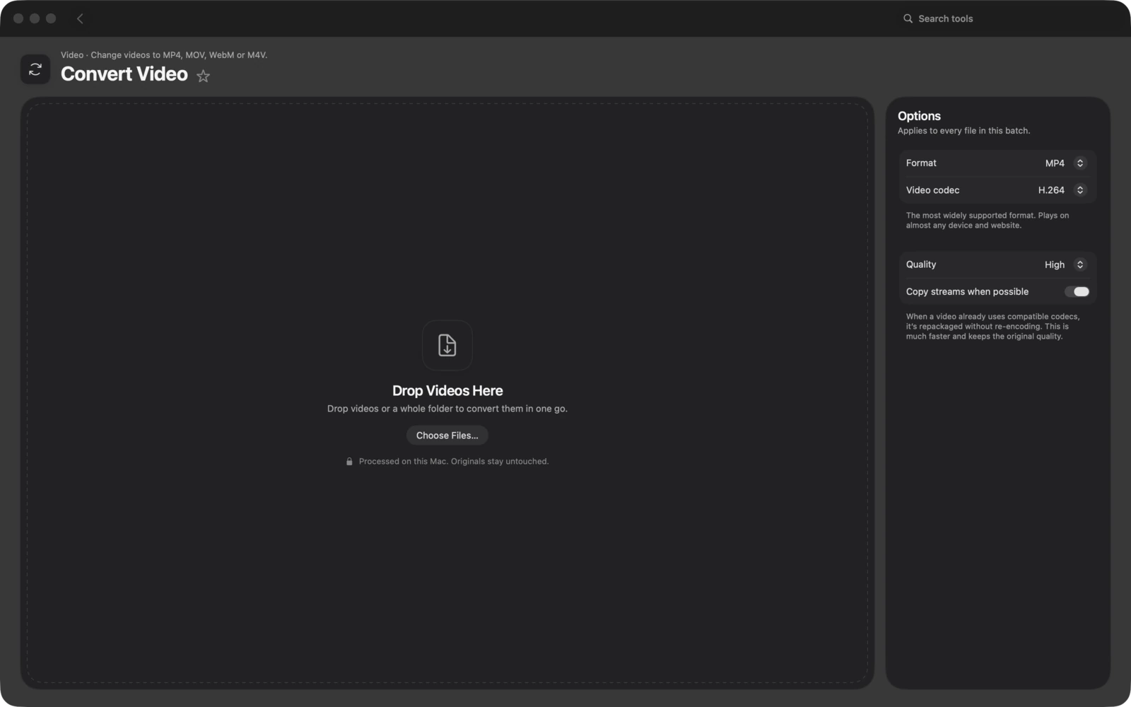 Convertir vídeo en Toolbox para Mac: Convierte vídeos a MP4, MOV, WebM o M4V.