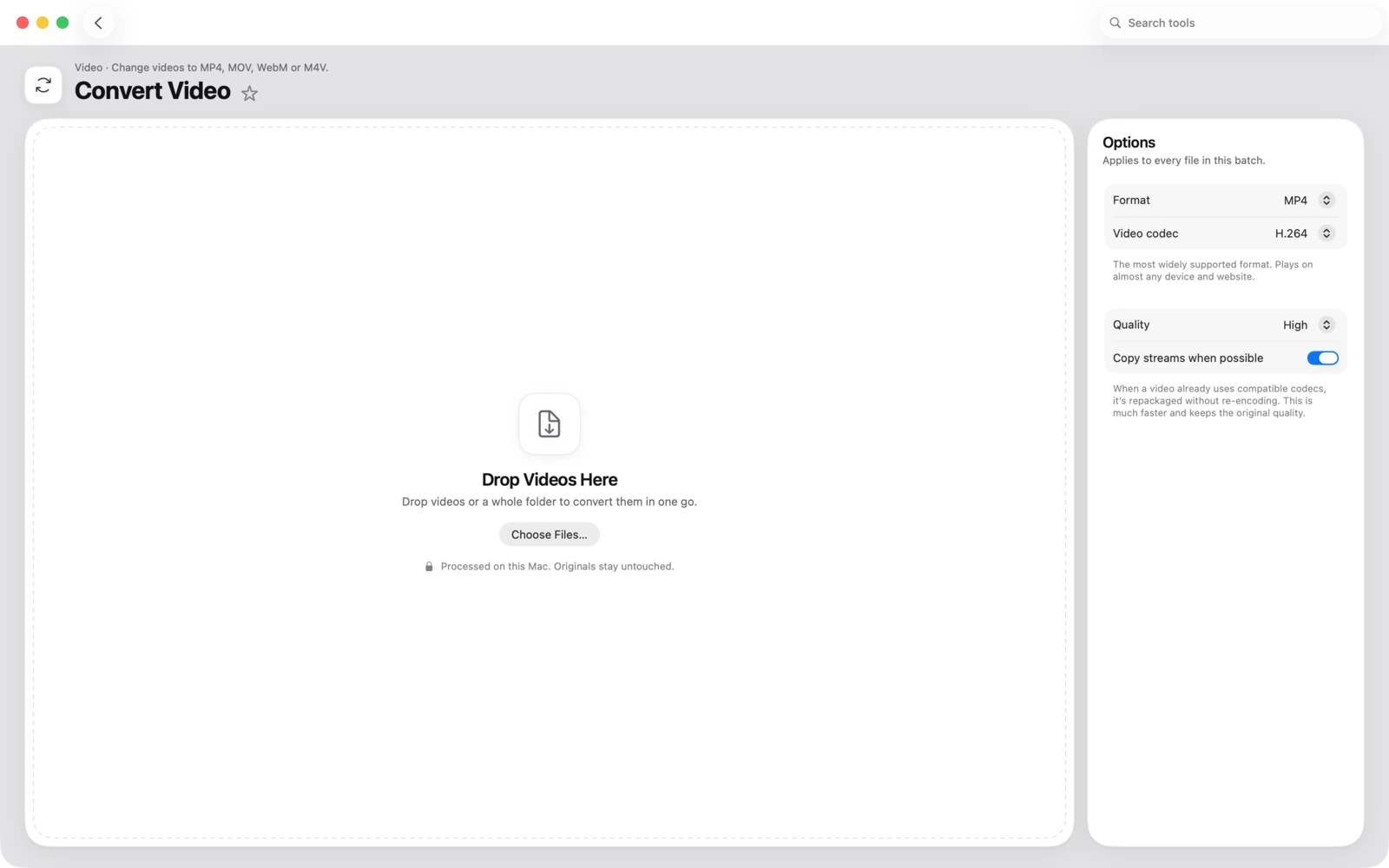 Convertir vídeo en Toolbox para Mac: Convierte vídeos a MP4, MOV, WebM o M4V.