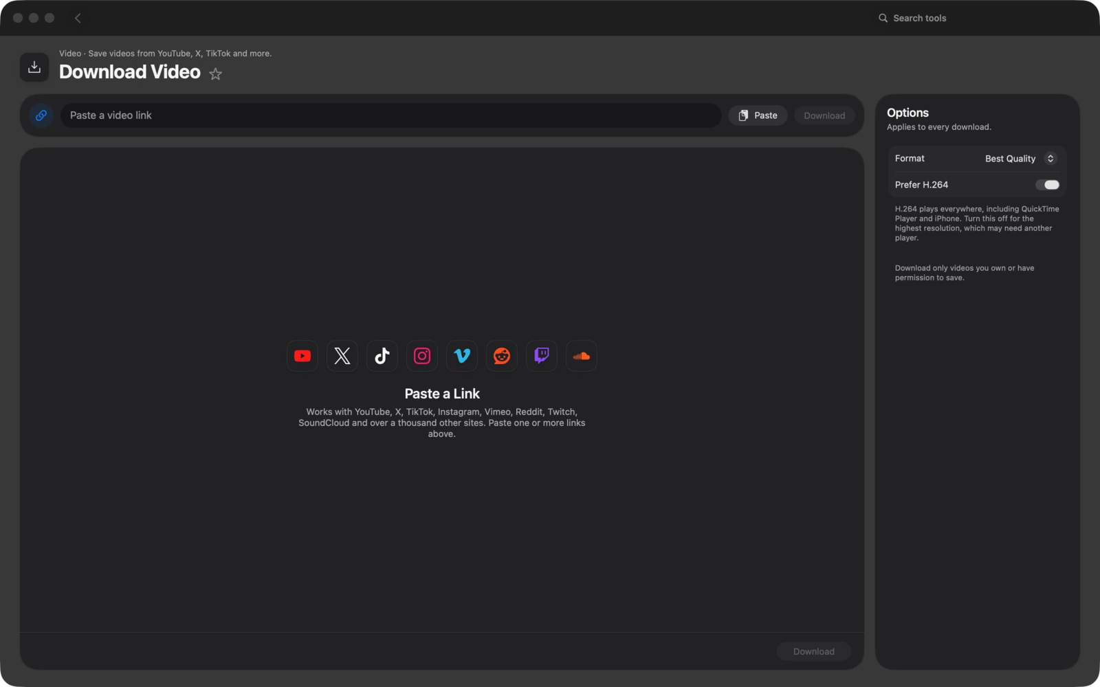 Das Fenster Video laden in Toolbox für Mac. Sichere Videos von YouTube, X, TikTok und mehr.