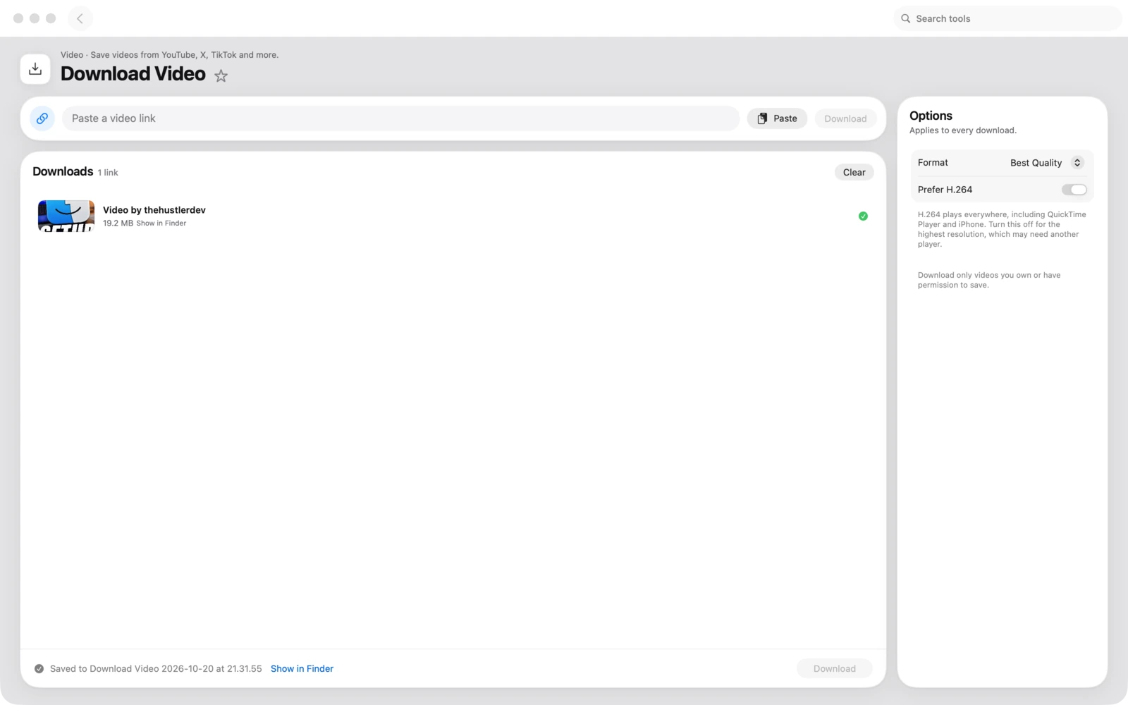Das Fenster Video laden in Toolbox für Mac. Sichere Videos von YouTube, X, TikTok und mehr.