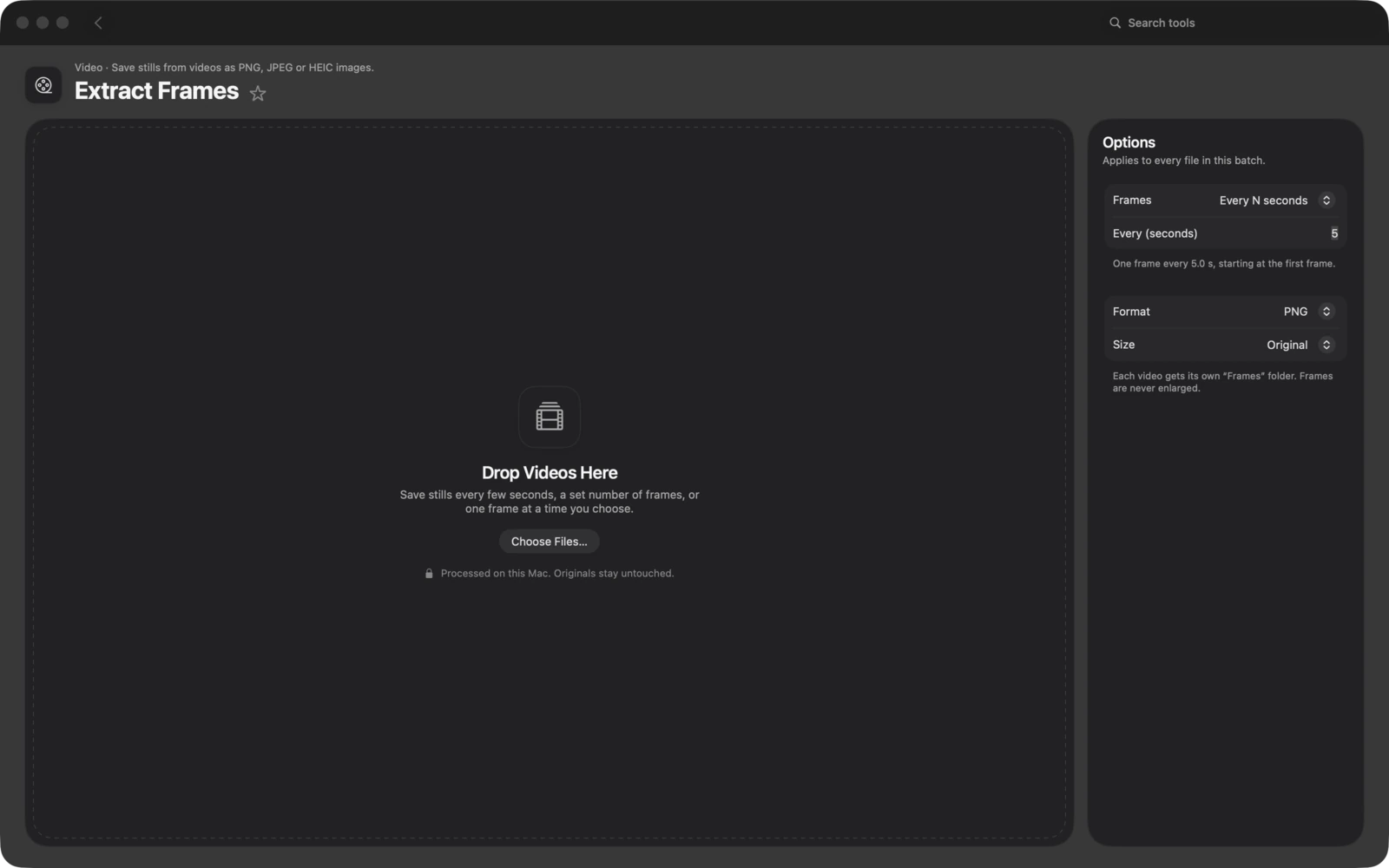 Einzelbilder extrahieren in Toolbox für Mac: Sichere Standbilder aus Videos als PNG-, JPEG- oder HEIC-Bilder.