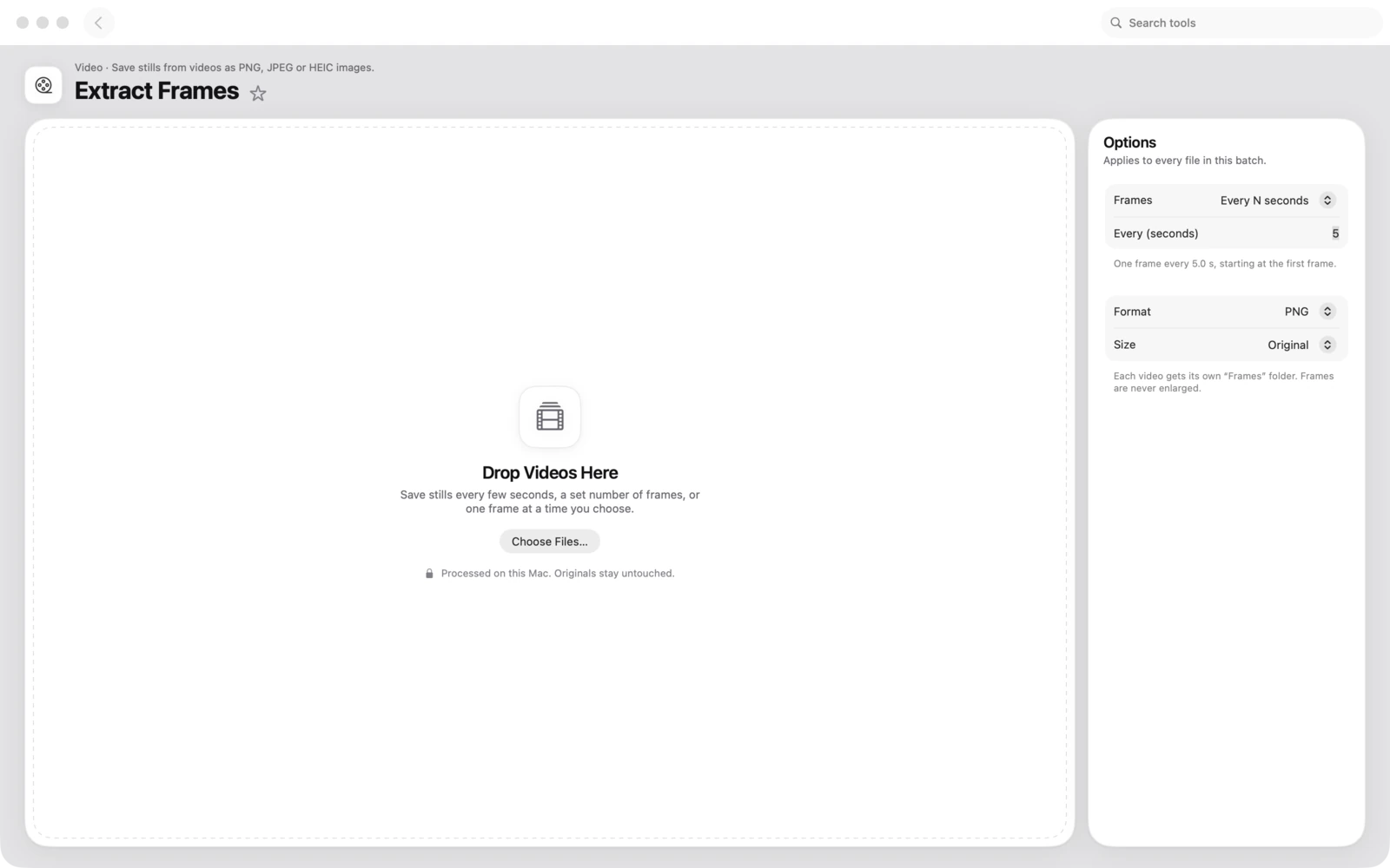 Einzelbilder extrahieren in Toolbox für Mac: Sichere Standbilder aus Videos als PNG-, JPEG- oder HEIC-Bilder.