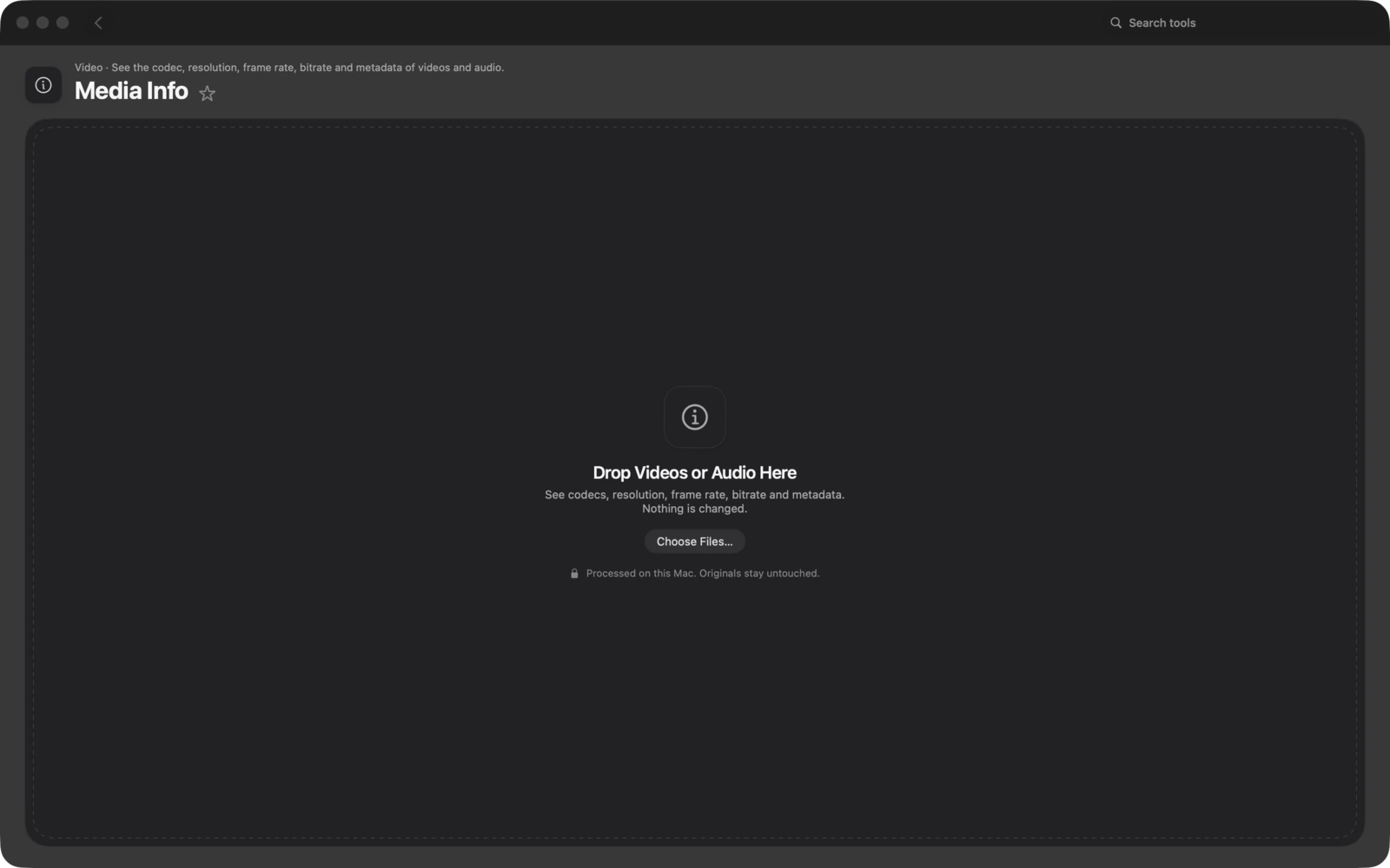 Info media in Toolbox per Mac: Visualizza codec, risoluzione, frequenza fotogrammi, bitrate e metadati di video e audio.