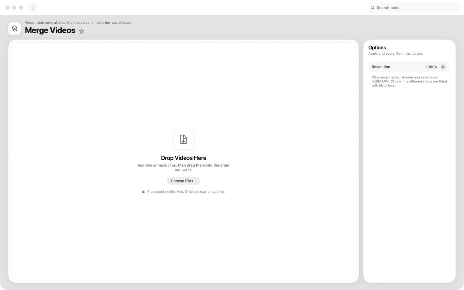 Videos zusammenfügen in Toolbox für Mac: Füge mehrere Clips in der gewünschten Reihenfolge zu einem Video zusammen.