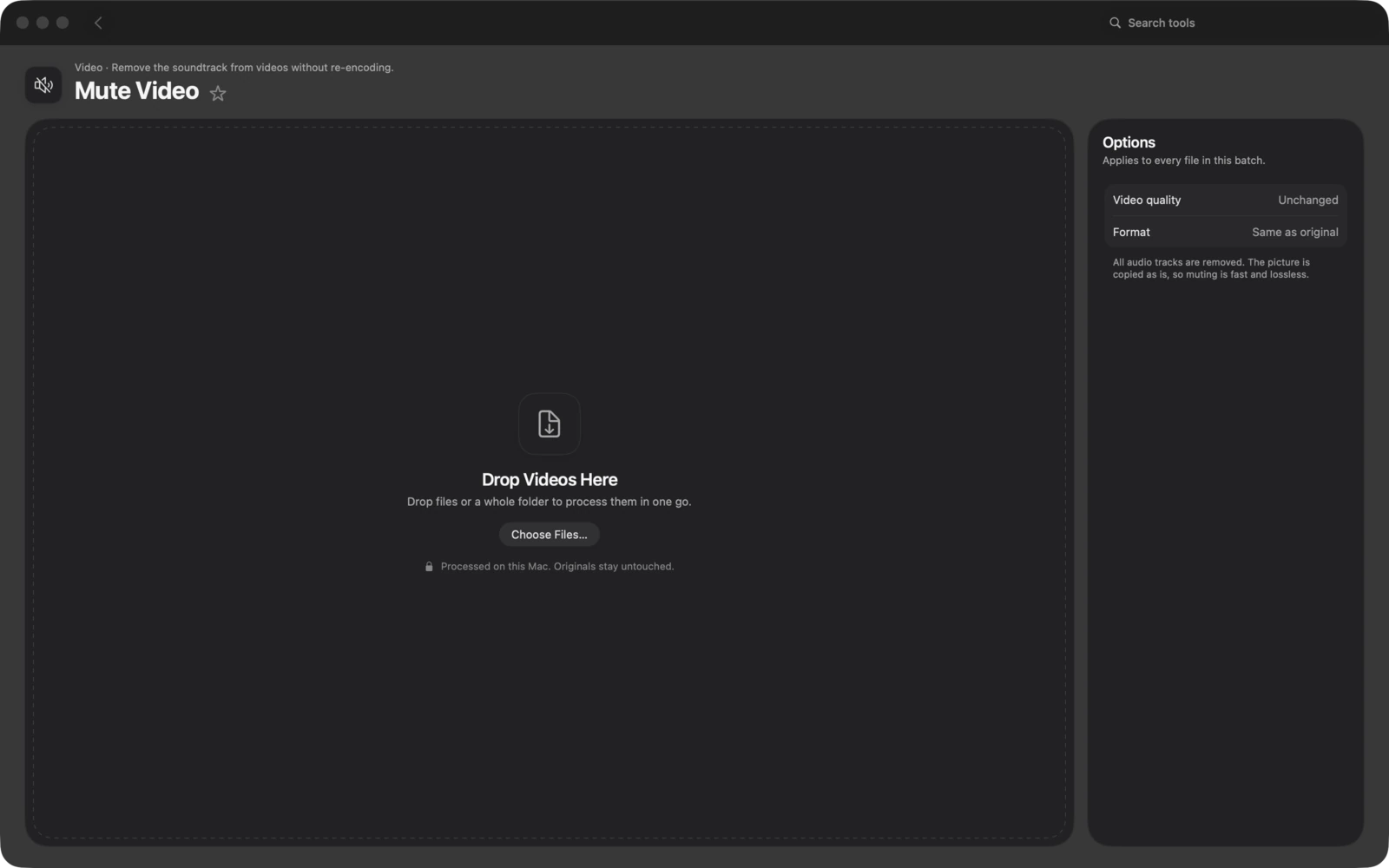 Silenciar vídeo en Toolbox para Mac: Elimina la banda sonora de los vídeos sin volver a codificar.