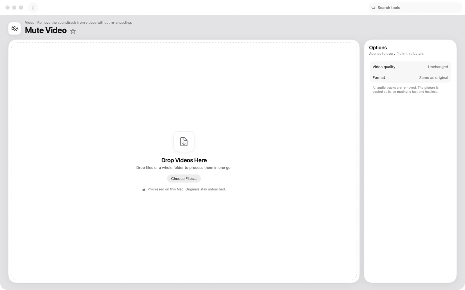 Silenciar vídeo en Toolbox para Mac: Elimina la banda sonora de los vídeos sin volver a codificar.