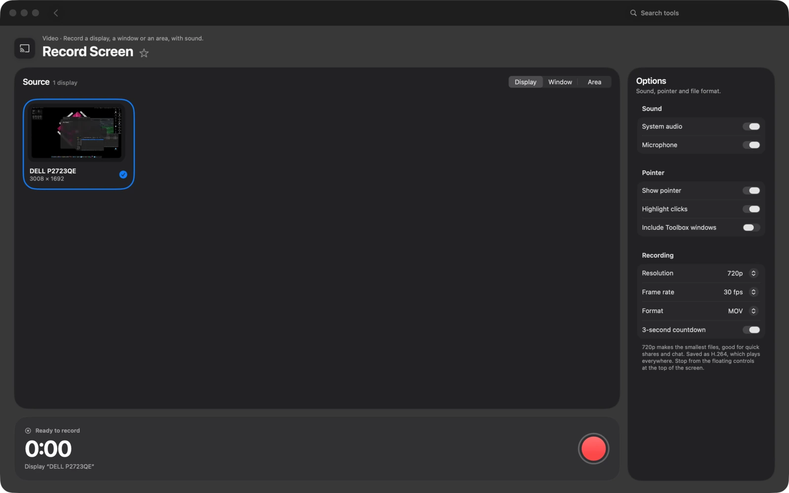 Bildschirm aufnehmen in Toolbox für Mac: Nimm ein Display, ein Fenster oder einen Bereich mit Ton auf.
