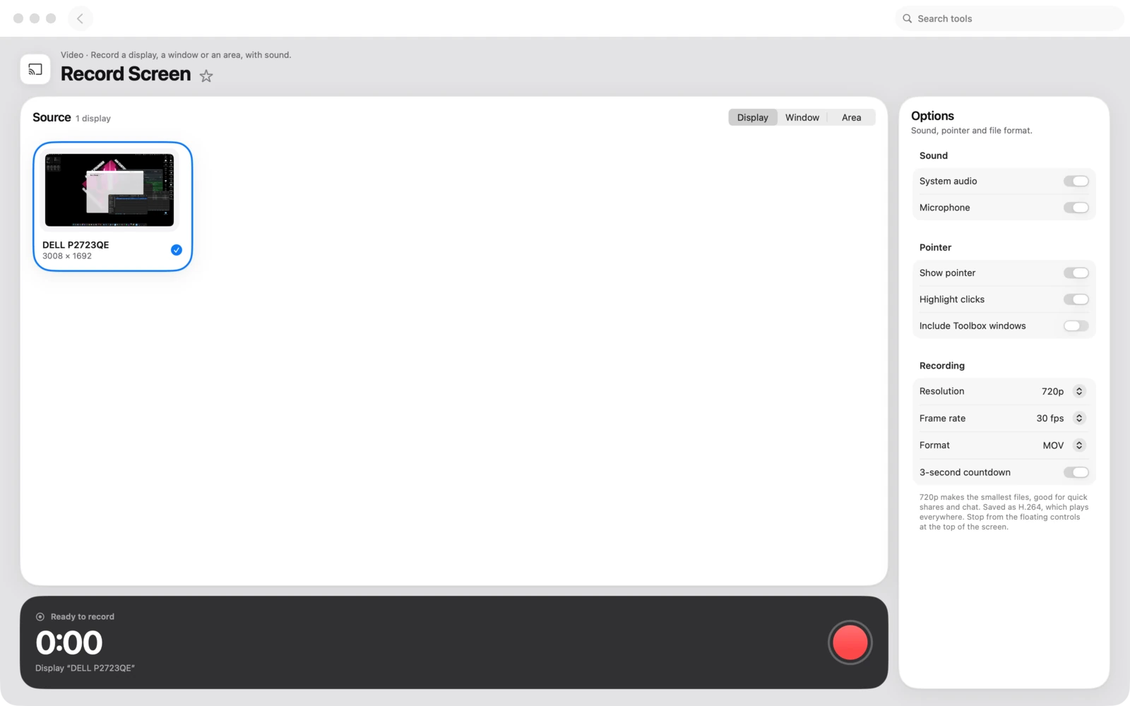 Bildschirm aufnehmen in Toolbox für Mac: Nimm ein Display, ein Fenster oder einen Bereich mit Ton auf.