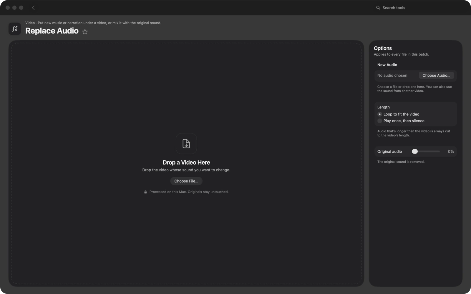 Audio ersetzen in Toolbox für Mac: Lege neue Musik oder Sprecher unter ein Video oder mische sie mit dem Originalton.