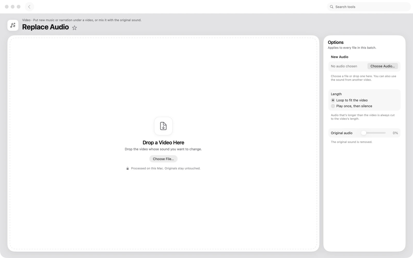 Audio ersetzen in Toolbox für Mac: Lege neue Musik oder Sprecher unter ein Video oder mische sie mit dem Originalton.