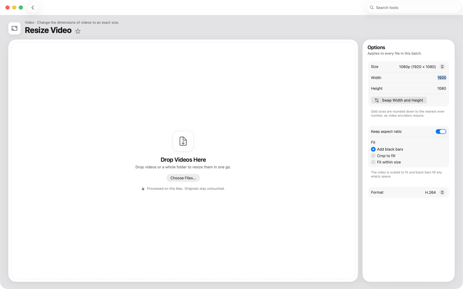 Videogröße ändern in Toolbox für Mac: Ändere die Abmessungen von Videos auf eine exakte Größe.